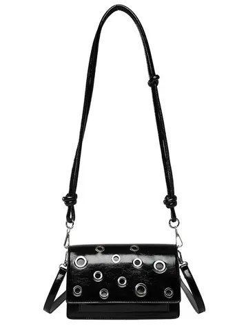 Bolso Bandolera de Cuero PU para Mujer Moda Ojales Metálicos Bolso de Hombro Cuadrado Pequeño Vintage Punk Color Sólido