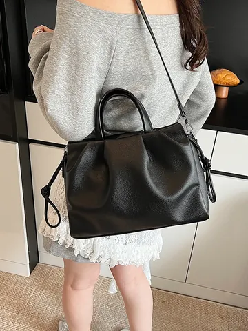 Borsa a Mano da Donna alla Moda con Pieghe a Nuvola Grande Capacità in Pelle PU Grana di Litchi con Tracolla Regolabile per Pendolarismo