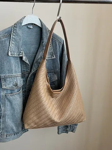 Bolso de Hombro Hobo de Textura Tejida Vintage para Mujer Bolso Tote de Cuero PU de Gran Capacidad de Mano Minimalista de Moda