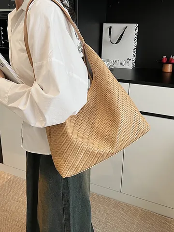 Bolso de Hombro Hobo de Textura Tejida Vintage para Mujer Bolso Tote de Cuero PU de Gran Capacidad de Mano Minimalista de Moda