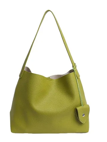 Women Large Capacity PU Leather Tote Bag Minimalist Litchi Grain Shoulder Bag With Charm Magnetic Buckle Commuter Handbag