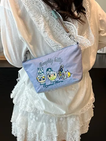 Japanese Sweet Cat Embroidery Shoulder Bag For Women Oxford Cloth Fresh Niche Crossbody Bag Small Square Bag With Rope Strap
