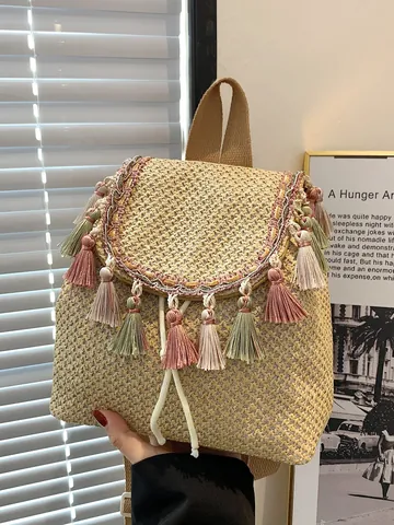 Zaino in Paglia Bohemien da Donna Etnico con Nappine Grande Capacità Casual Vacanze Spiaggia Borsa a Tracolla Fatto a Mano