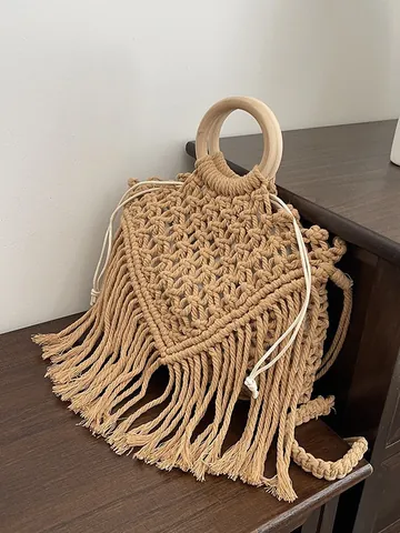 Boho Quaste Gewebte Tasche Für Damen Handgefertigte Macrame Handtasche Mit Holzgriff Baumwollseil Umhängetasche Sommer Strand Urlaub
