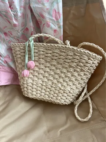Sac Seau Tissé en Paille de Papier Frais et Sucré Pour Femmes Avec Pendentif Tulipe et Ruban Sac à Main de Plage