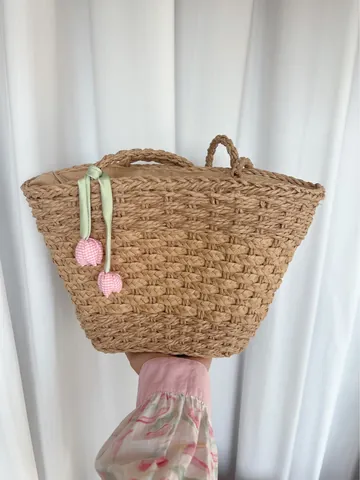 Sac Seau Tissé en Paille de Papier Frais et Sucré Pour Femmes Avec Pendentif Tulipe et Ruban Sac à Main de Plage