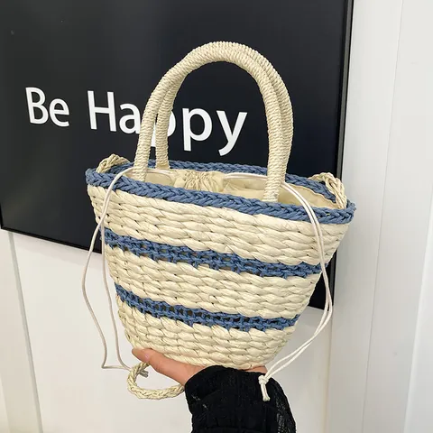 Women Woven Straw Bucket Bag Striped Drawstring Crossbody Shoulder Handbag Summer Beach Vacation Handcrafted Tote Bag