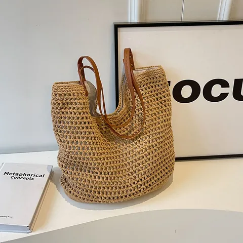 Handgefertigte Baumwollseil Gewebte Tote Bag Große Kapazität Hohl Gitter Strand Schultertasche Mit PU Lederriemen Niete Für Damen