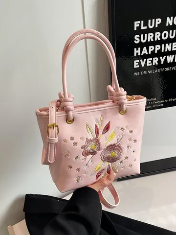 Chinese Style Floral Embroidered PU Leather Bucket Bag For Women Fashion Crossbody Shoulder Handbag With Knot Handle Single Strap