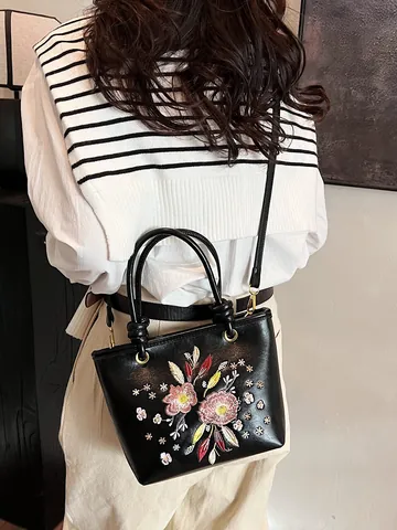 Chinese Style Floral Embroidered PU Leather Bucket Bag For Women Fashion Crossbody Shoulder Handbag With Knot Handle Single Strap