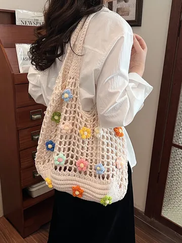 Borsa Tote da Donna a Fiori Fatta a Mano all'Uncinetto Borsa a Tracolla in Maglia Traforata Stile Pastorale Borsa da Spiaggia