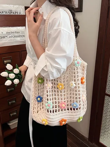 Borsa Tote da Donna a Fiori Fatta a Mano all'Uncinetto Borsa a Tracolla in Maglia Traforata Stile Pastorale Borsa da Spiaggia