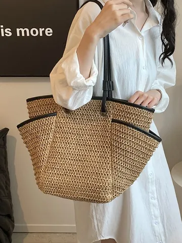 Borsa Tote in Paglia a Grande Capacità da Donna Borsa a Tracolla Intrecciata a Mano per Vacanze al Mare con Finiture in Pelle PU