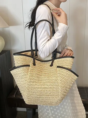 Borsa Tote in Paglia a Grande Capacità da Donna Borsa a Tracolla Intrecciata a Mano per Vacanze al Mare con Finiture in Pelle PU