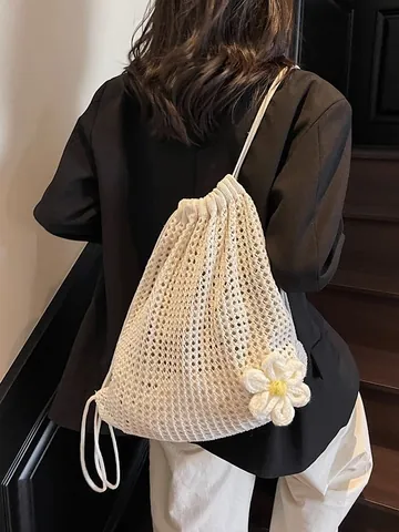 Women Bohemian Hollow Out Knitted Cotton Rope Backpack Crochet Daisy Flower Drawstring Bag Large Capacity Beach Vacation Travel Backpack