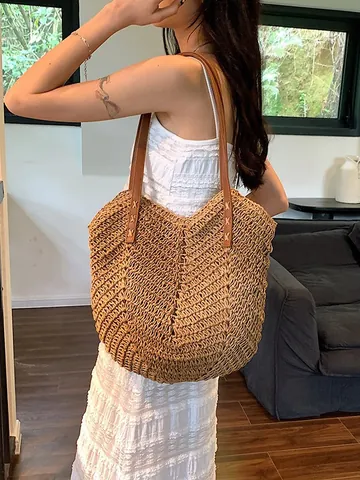 Stroh Gewebte Tote Bag Große Kapazität Sommer Strandurlaub Schultertasche Boho Lässige Reisehandtasche Für Damen