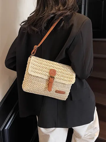 Damen Retro Stroh Gewebte Umhängetasche Mit PU Lederbesatz Rechteckige Klappe Schulter Messenger Strandtasche Für Sommerurlaub