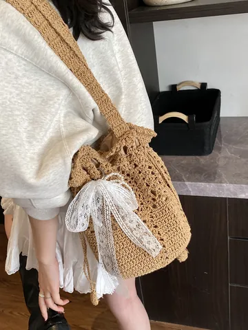 Damen Hohl Gewebt Eimer Tasche Mit Spitze Schleife Künstliche Perle Dekor Baumwollleinen Häkeln Schultertasche Für Strand Urlaub Alltagstasche