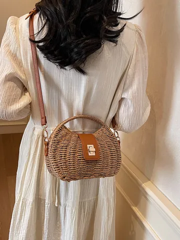 Borsa a Mano in Paglia Bohemian per Donna Estate Spiaggia Vacanza Borsa a Tracolla Intrecciata Con Pattina in Pelle E Chiusura in Metallo