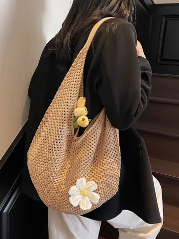 Women's Hollow Crochet Straw Tote Bag Large Capacity Hand-woven Shoulder Bag With Flower For Casual Beach Travel