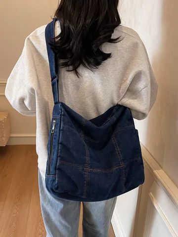 Borsa a Tracolla in Denim Lavato Vintage da Donna Grande Capacità Retro Patchwork Messenger Bag per Studenti Uso Quotidiano