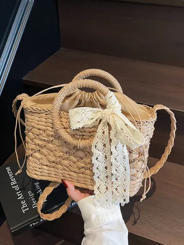 Damen Waldstil Stroh Gewebte Handtasche Spitzenschleife Meeresurlaub Schulter Umhängetasche Mit Kordelzug Innenfutter