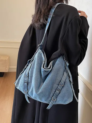 Borsa Tote in Denim Vintage Grande Capacità Borsa a Spalla Hobo Morbida Con Anelli di Metallo per Donna Borsa a Tracolla Casual