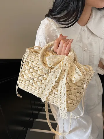 Damen Waldstil Stroh Gewebte Handtasche Spitzenschleife Meeresurlaub Schulter Umhängetasche Mit Kordelzug Innenfutter