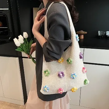 Korean Style Floral Knit Tote Bag For Women Crochet Flower Shoulder Bag Casual Aesthetic Open Shopping Handbag