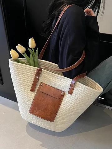 Women Large Capacity Woven Cotton Rope Tote Bag Summer Beach Shoulder Bag With Leather Patch Pocket Casual Vacation Handbag