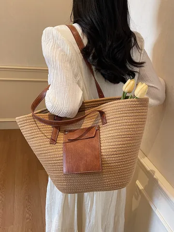 Women Large Capacity Woven Cotton Rope Tote Bag Summer Beach Shoulder Bag With Leather Patch Pocket Casual Vacation Handbag