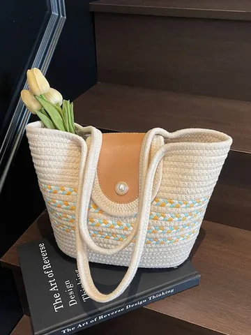 Women Striped Woven Tote Bag Handcrafted Contrast Color Shoulder Bag With Pearl Button PU Leather Flap Vacation Beach Bag