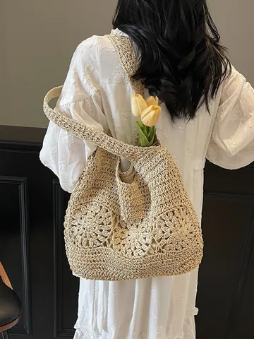 Bolso Tote De Paja Para Mujer Con Flores De Ganchillo Caladas Gran Capacidad Bolso De Hombro Tejido Para Vacaciones Y Uso Diario