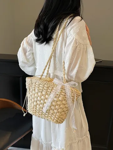 Pastoraal Dames Stro Geweven Handtas Zomer Strand Vakantie Kant Strik Decor Tote Schoudertas Met Trekkoord Voering Mode Tas