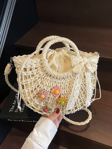 Borsa in Paglia Intrecciata Pastorale Donna Estate Spiaggia Vacanza Borsa a Mano Floreale Pizzo Fiocco Coulisse Tracolla
