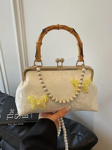 Damen Vintage New Chinese Style Handtasche Mit Bambusgriff Jacquard Schmetterling Kiss-lock Tasche Mit Künstliche Perlenkette Umhängetasche