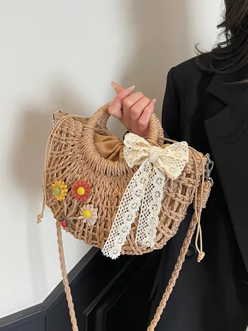Borsa in Paglia Intrecciata Pastorale Donna Estate Spiaggia Vacanza Borsa a Mano Floreale Pizzo Fiocco Coulisse Tracolla
