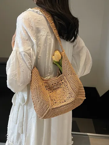 Dames Gehaakte Stro Schoudertas Handgeweven Opengewerkte Bloem Strand Vakantie Hobo Tas Casual Grote Capaciteit Tote Tas