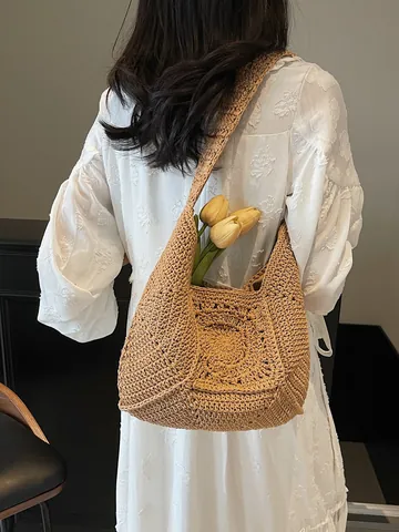 Dames Gehaakte Stro Schoudertas Handgeweven Opengewerkte Bloem Strand Vakantie Hobo Tas Casual Grote Capaciteit Tote Tas