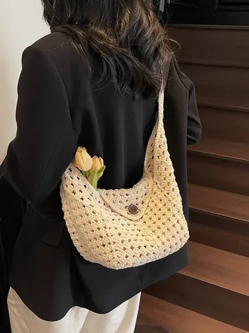 Handgefertigte Gehäkelte Gewebte Umhängetasche Ajour Strick Tote Für Damen Strandurlaub Handtasche Mit Knopfverschluss