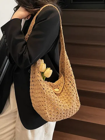 Handgefertigte Gehäkelte Gewebte Umhängetasche Ajour Strick Tote Für Damen Strandurlaub Handtasche Mit Knopfverschluss