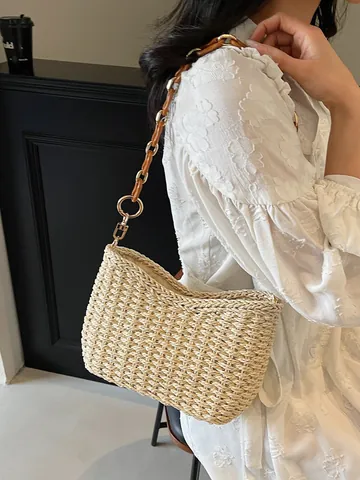 Damen Gewebte Stroh Schultertasche Sommer Strand Urlaub Handtasche Mit Bernstein Harz Kette Riemen Casual Täglich Achsel Tasche