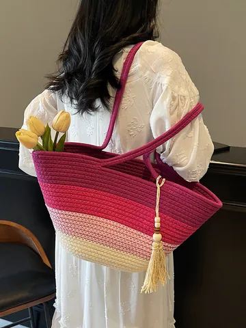Large Capacity Gradient Woven Cotton Rope Tote Bag For Women Summer Casual Beach Shoulder Bag With Tassel Decoration