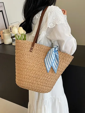 Dames Stro Geweven Tote Bag Grote Capaciteit Strand Vakantie Schoudertas Met Gestreept Sjaaltje En PU Leren Handvat Casual
