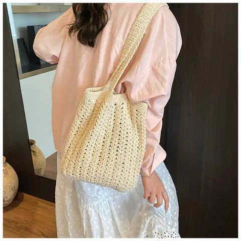 Damen Baumwolle Gewebte Tragetasche Handgemacht Ajour Strand Handtasche Lässige Sommerurlaub Shopper Tasche Für Frauen