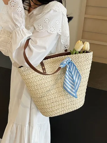 Dames Stro Geweven Tote Bag Grote Capaciteit Strand Vakantie Schoudertas Met Gestreept Sjaaltje En PU Leren Handvat Casual