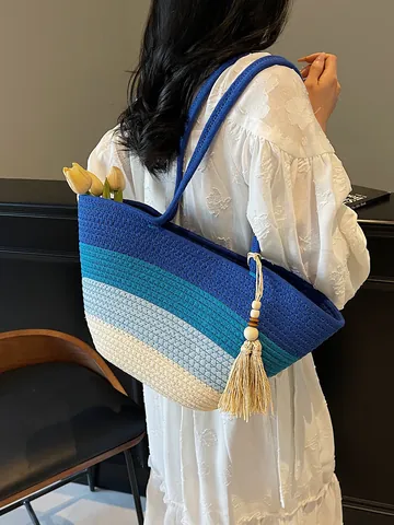 Large Capacity Gradient Woven Cotton Rope Tote Bag For Women Summer Casual Beach Shoulder Bag With Tassel Decoration