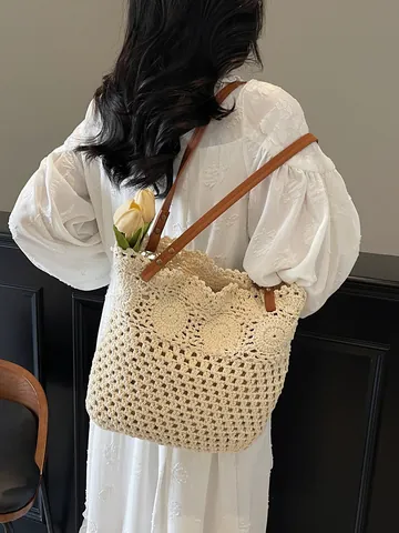 Damen Hohl Gewebte Tote Bag Häkeln Handgewebte Strand Schultertasche Baumwolle Leinen Stroh Optik Tasche Mit Lederriemen Urlaub