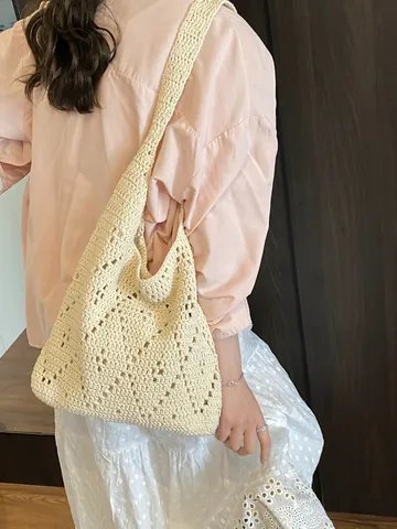 Borsa a Tracolla in Cotone All'uncinetto Francese Intaglio a Diamante Grande Capacità Borsa da Mare Vacanza Donna
