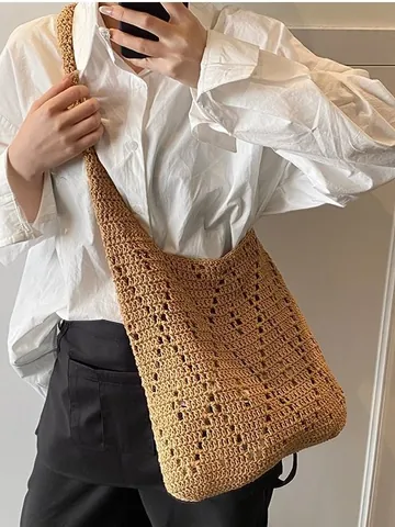Borsa a Tracolla in Cotone All'uncinetto Francese Intaglio a Diamante Grande Capacità Borsa da Mare Vacanza Donna
